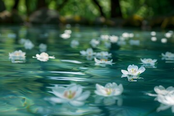 Spa water trickling down in a zen garden, floating white flowers, asian forest, natural flow symbolizing balance, spa relaxation and meditation concept banner 