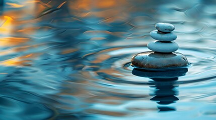 Zen stones in water with reflection, pebble pyramid in bamboo forest symbolizing balance, relaxation and meditation Stack of round smooth stones on a river shore, banner copy space for text design