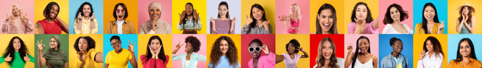 Assorted expressions on diverse women on colorful background