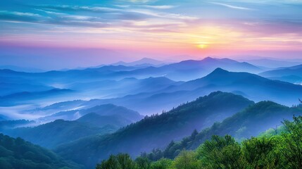 A serene image capturing a misty sunrise over a densely forested mountain range in layered view - Powered by Adobe