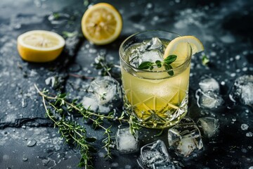 A cocktail made with bitter lemon, lime and gin on ice, garnished with thyme