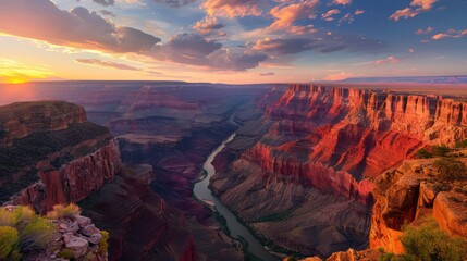 A breathtaking view of the vast Grand Canyon as the sunset bathes the cliffs in warm, glowing hues