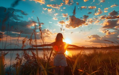 Carefree young woman sitting, in dress looking at the sunset at field landscape. Pretty girl walking through grass, meditation emotional holiday vacation resort self love concept banner copy space