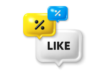 Fototapeta premium Discount speech bubble offer 3d icon. Like tag. Social media message. Favorite or Awesome notification. Like discount offer. Speech bubble sale banner. Discount balloon. Vector