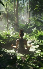Back view of young woman practicing yoga in tropic environment, girl meditating in exotic forest or jungle illuminated with sunlight, relax healthy self love concept