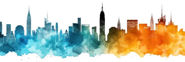 A digital painting of a city skyline. The background is white and the skyline is made of various colors such as orange, blue, and purple. The buildings vary in height and are spread across the skyline - obrazy, fototapety, plakaty
