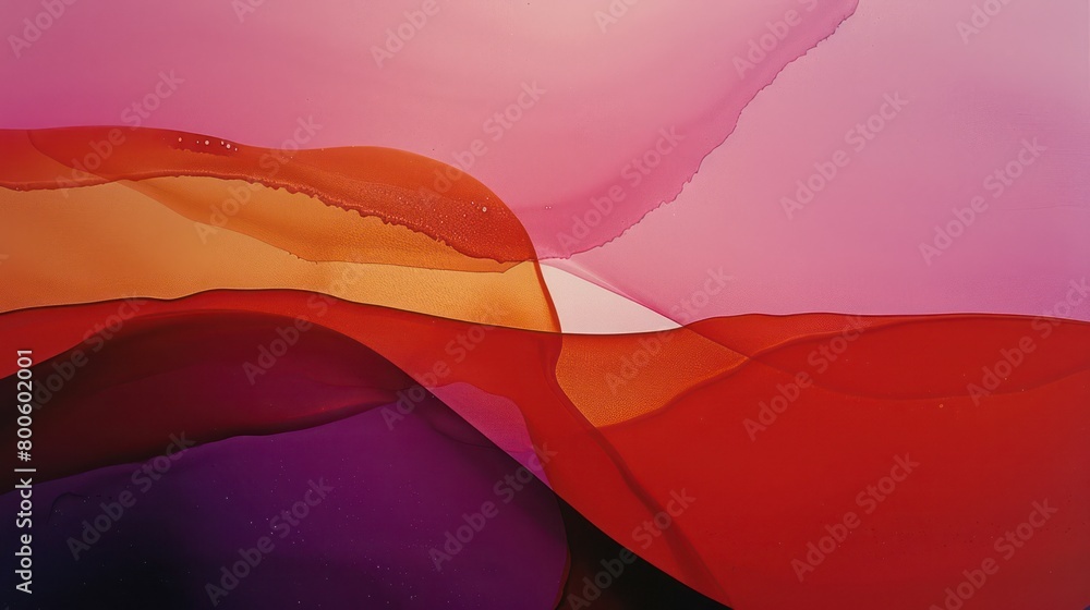 Poster an abstract portrayal of a landscape with a blend of warm reds and gentle pinks creating a serene sc