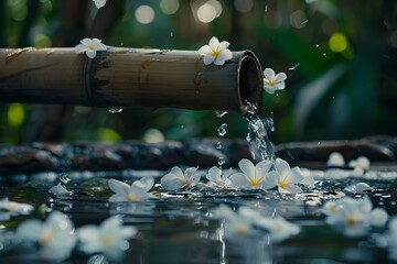 Bamboo fountain with water trickling down in a zen garden, flowers, asian forest, natural pipe flow symbolizing balance, spa relaxation and meditation concept banner 