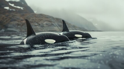 Naklejka premium Intimate view of two orcas near the shore with foggy, rocky cliffs providing a moody and atmospheric background