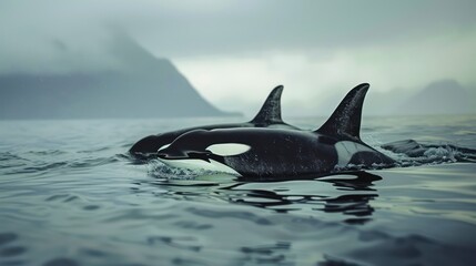 Fototapeta premium Evocative image of a single orca whale's dorsal fin cutting through the dark, moody waters under a stormy sky