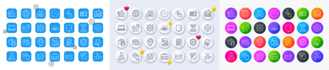 Global business, Business statistics and Chemical hazard line icons. Square, Gradient, Pin 3d buttons. AI, QA and map pin icons. Pack of Journey, Mindfulness stress, Time management icon. Vector