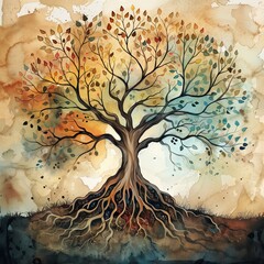 Stylized Tree Painting, Earth Tones, Nature and Seasons Representation