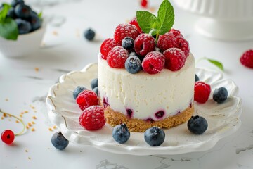 A mini cheesecake with raspberries and blueberries
