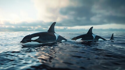Fototapeta premium A serene scene of orcas commuting with calm water around, under a sky with moody cloud cover reflecting quietude