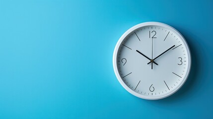 A simplistic white wall clock with black hands illustrates the concept of time on a monochrome blue backgrou
