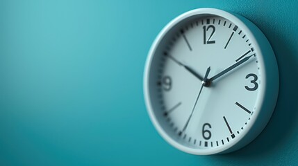 A minimalist white wall clock with black hands centered on a vibrant turquoise backdrop symbolizing punctuality and time management