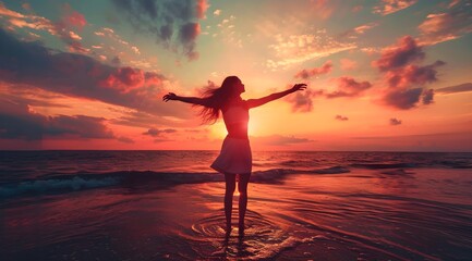 Carefree young woman with arms up in dress looking at the sunset at the sand beach. Pretty girl walking towards ocean, meditation emotional holiday vacation resort self love concept banner copy space