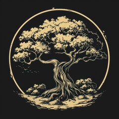 A striking golden tree with intertwining branches depicted inside a circular frame, set against a black backdrop