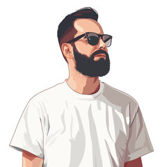 A man with a beard and sunglasses is standing in front of a white background