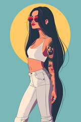 A woman with long hair and tattoos is wearing a white tank top and white pants