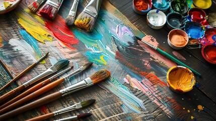 An assortment of paintbrushes with various sizes of bristles and wooden handles is scattered across a wooden surface that is covered in vibrant strokes of paint in an array of colors. The brushes are  - Powered by Adobe