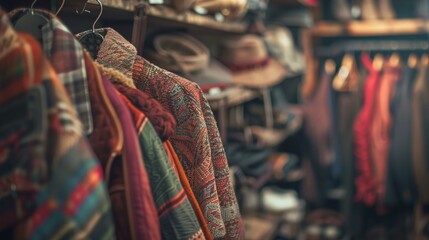 Fototapeta na wymiar The image shows a close-up view of a variety of clothing items hanging on hangers. The clothes appear to have rich textures and include a patterned, multicolored cardigan in the foreground. There is a
