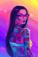 A woman with long hair and tattoos is standing in front of a colorful background
