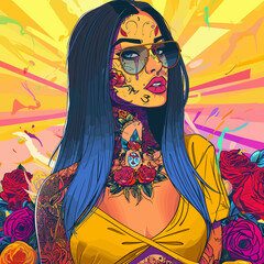 A woman with a tattooed body and a flowery dress
