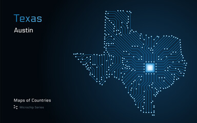 Texas State Map with a capital of Austin Shown in a Microchip Pattern. E-government. USA vector maps. Microchip Series	
