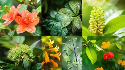 The image is a collage of six different photos showcasing a variety of plant close-ups. The top-left photo features a pair of vibrant orange flowers with raindrops on their petals. The center photo in