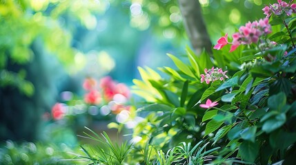 The image features a vibrant display of flora with a depth of field that creates a focused foreground and a beautifully blurred background. In the foreground, sharp green leaves and pink flowers with  - Powered by Adobe