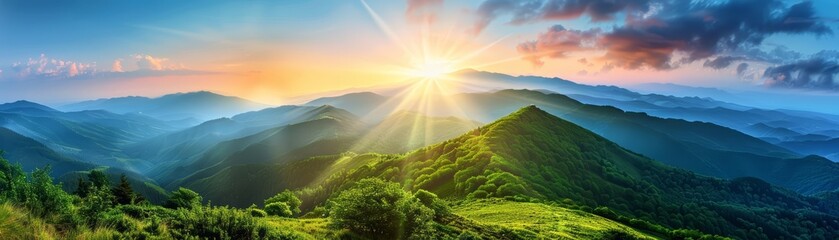 Panorama landscape of mountains crowned with summer greenery, photography Colorful sun light high detail landscape background - obrazy, fototapety, plakaty