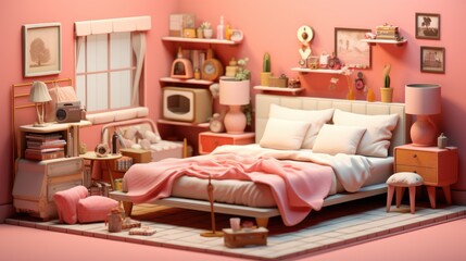 a illustration pink bed room isometric