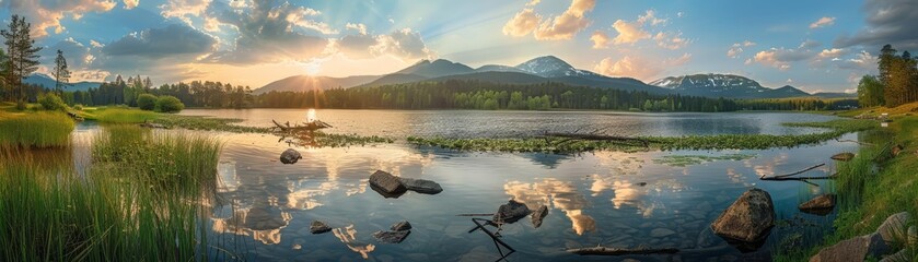 Panorama landscape of summer skies over a mountain lake, photography Colorful sun light high detail landscape background