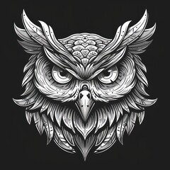 Obraz premium Stylized illustration of an owl's head in high contrast against a black background, reflecting mystery and wisdom