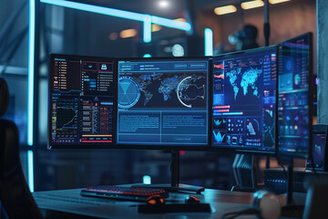 AI scam detection interface, showcasing real-time alerts on fraudulent activities in a command center 