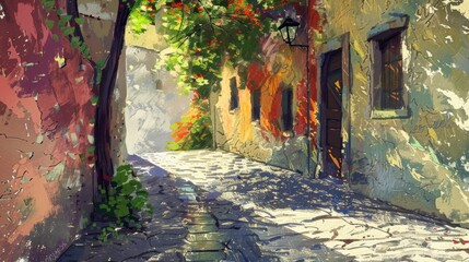 Sunlit cobblestone alley with flowering trees and vintage lamp post