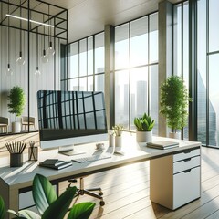 Modern office workspace with city skyline view
