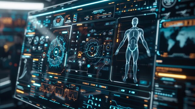 Regular health checkups are visualized using a futuristic user interface, where data flows seamlessly to ensure ongoing health monitoring, close up hitech concept
