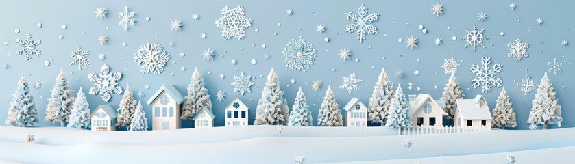 Snowflakes gently fall over a quaint village, each one uniquely crafted in a wintry paper art style concept