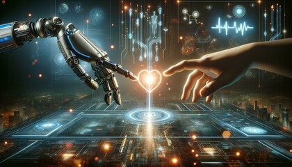 A robot hand is touching a heart on a computer screen