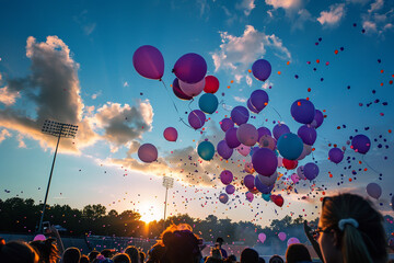 Balloons released during a sports event, fueling the competitive spirit and creating an energetic atmosphere.