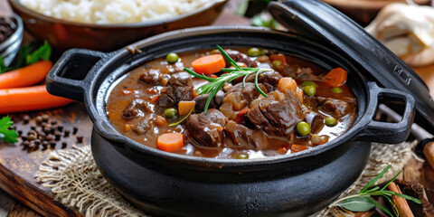 Feijoada in a black cast iron pot, Traditional Brazilian stew, Rich and hearty flavors, Homely presentation.