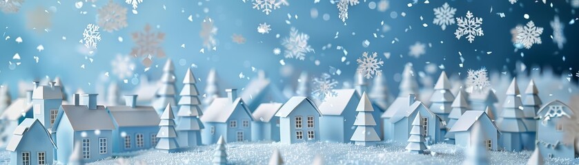 Snowflakes gently fall over a quaint village, each one uniquely crafted in a wintry paper art style concept - obrazy, fototapety, plakaty