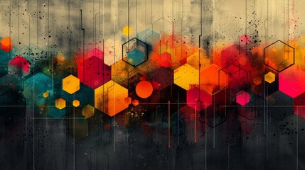 Abstract colorful hexagons on a grunge background