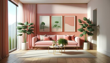 A living room with a pink wall and a pink couch