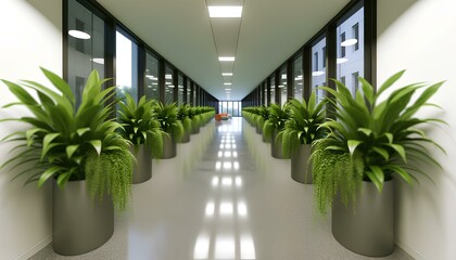 A long hallway with many potted plants and a few chairs