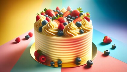 Illustration of cake with berries on colorful background.