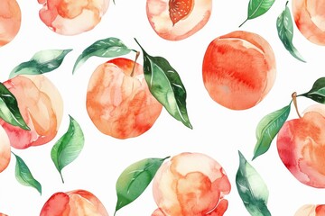 peach fruit pattern, white background, watercolor style in the style of soft pastel color and green leaves Generative AI