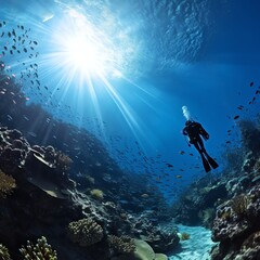 A scuba diver explores a coral reef teeming with marine life. The diver is surrounded by colorful fish, and the sun shines brightly overhead.